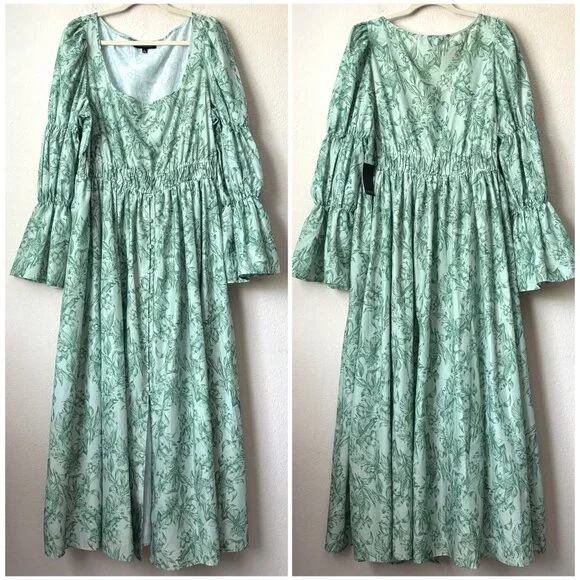 Eloquii 18 Floral Printed Tiered Bubble Sleeve Smocked Waist Midi Dress NEW - Picture 2 of 11